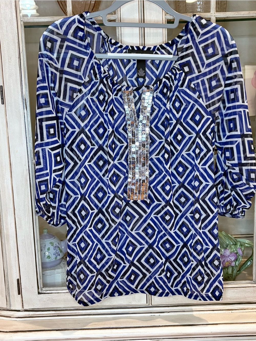INC International Concepts Blue Geometric Sequin Peasant Blouse